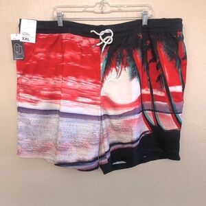 Original Use Men's 7" Elastic Waist Red and Black Tropical Swim Shorts Size XXL